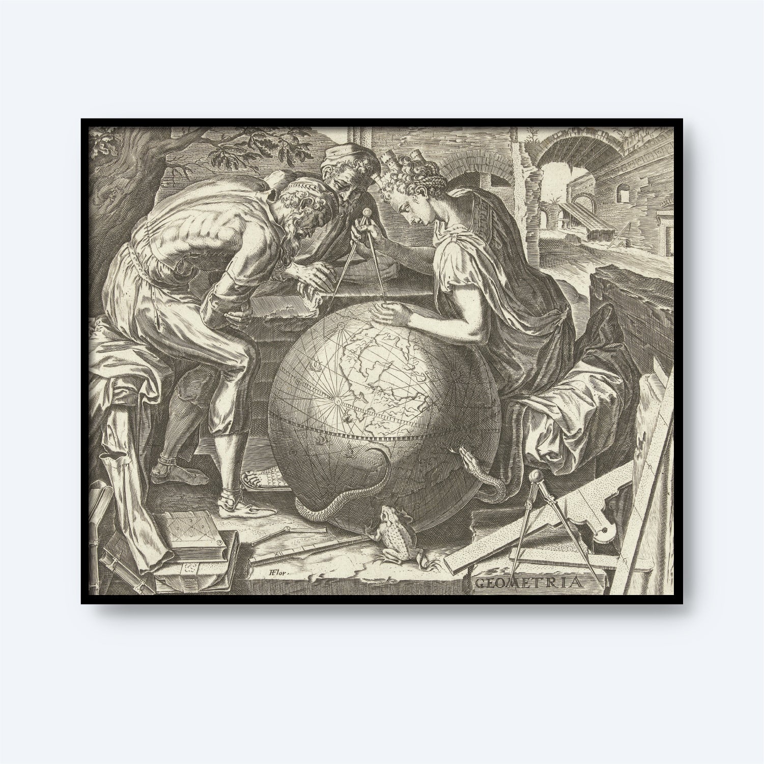 A detailed grayscale illustration, reminiscent of a Renaissance engraving, titled "Geometria - Meetkunde by Cornelis Cort," depicts three figures studying a large globe with a compass. Surrounding them are various tools and symbols associated with geometry and mapmaking, against a backdrop of architectural elements like bridges and arches.
