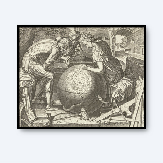 A detailed grayscale illustration, reminiscent of a Renaissance engraving, titled "Geometria - Meetkunde by Cornelis Cort," depicts three figures studying a large globe with a compass. Surrounding them are various tools and symbols associated with geometry and mapmaking, against a backdrop of architectural elements like bridges and arches.