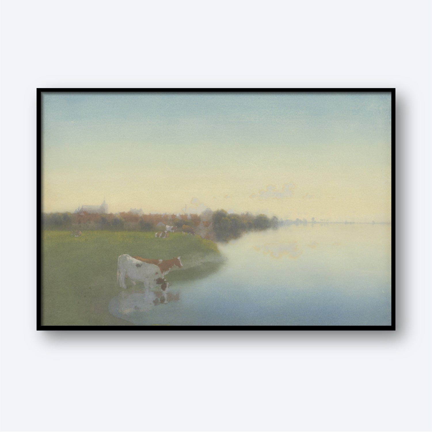 Bank Of The River Ijssel Near Hattem by Jan Voerman captures a serene Dutch countryside with a calm riverbank bathed in the early morning light. A cow stands peacefully near the water's edge, while the distant background reveals hazy silhouettes of buildings and greenery beneath a soft, pastel-colored sky. This tranquil landscape wall art exudes the calming charm characteristic of Voerman's work.