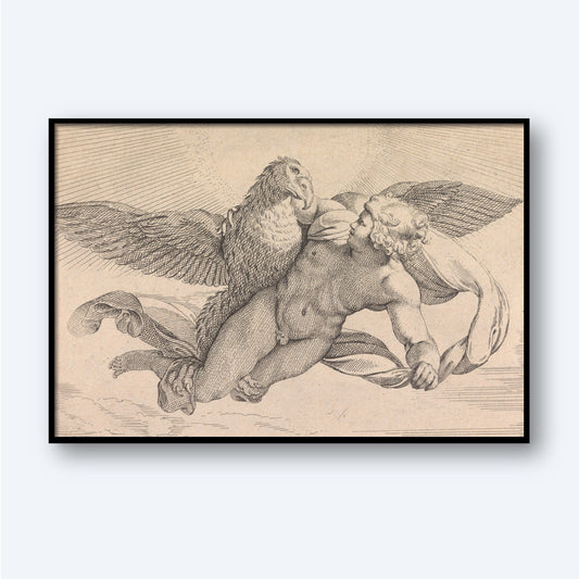 The Abduction of Ganymede by Nicolas Mignard depicts a bearded, muscular man draped in cloth, flying alongside a large bird with outspread wings. The man appears to be holding onto the precisely detailed bird. Mignard's skillful use of light accentuates the figures against the blank background.