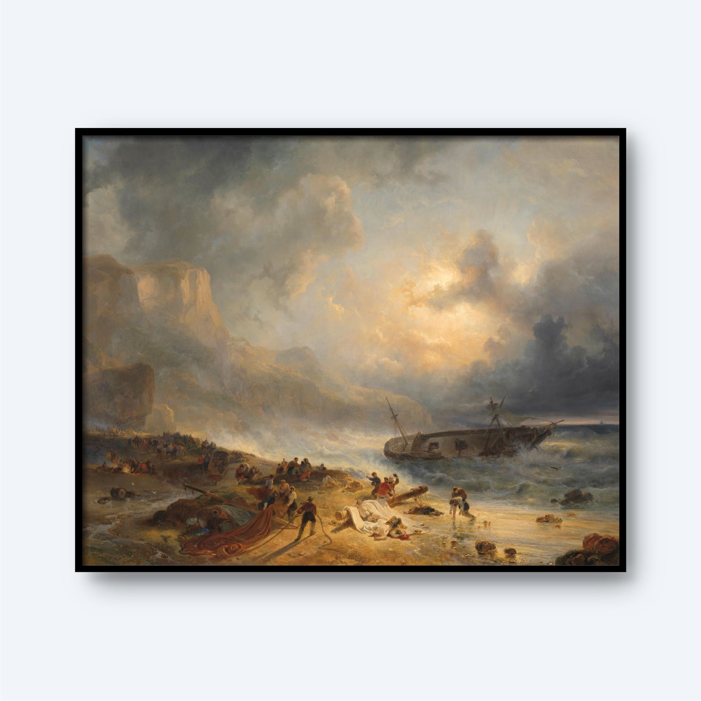 The oil painting titled "Shipwreck off a Rocky Coast" portrays a gripping ocean scene of a shipwreck near treacherous rocks. On the shore, people are seen frantically trying to rescue survivors and recover belongings from the wrecked vessel amidst the wild, stormy sea. Heavy, dark clouds cast shadows over the churning waves, amplifying the sense of urgency and chaos.