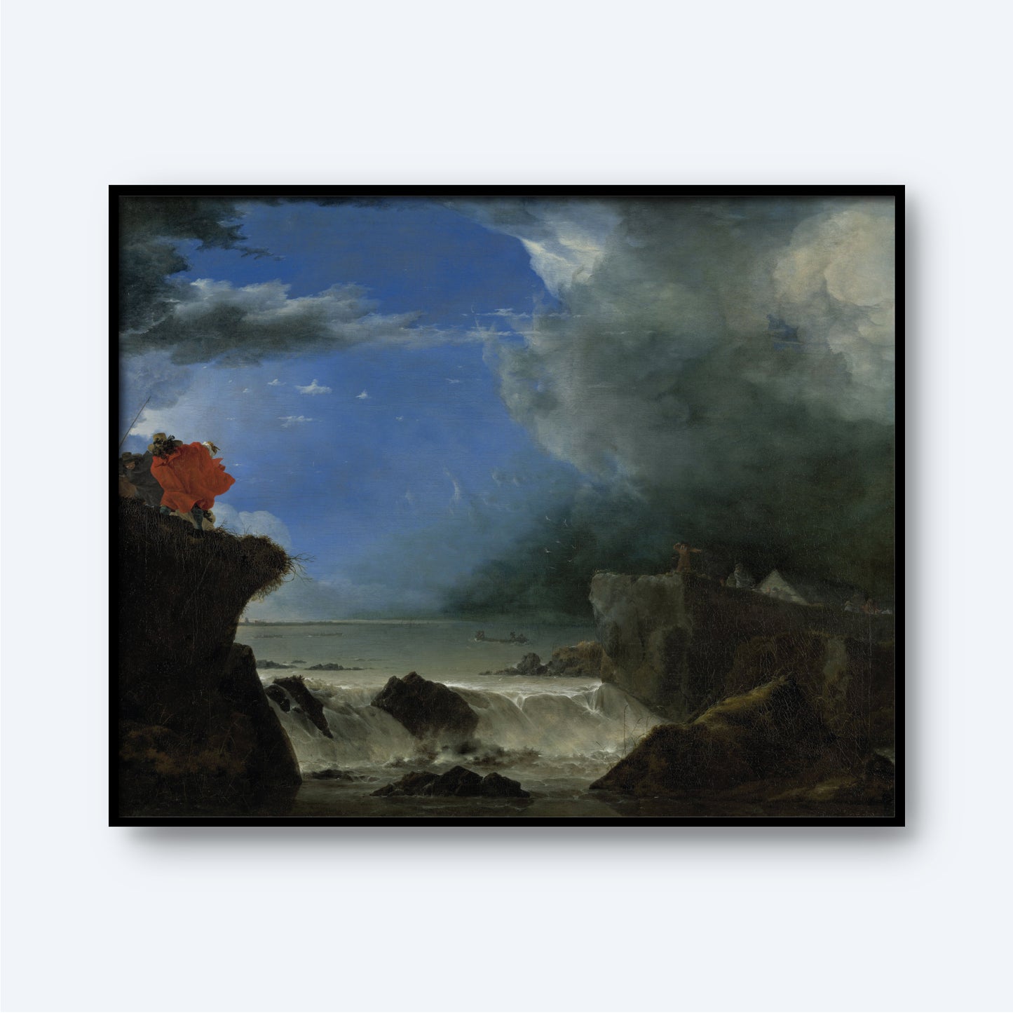 The Breach of the Saint Anthony’s Dike near Amsterdam print depicts a dramatic coastal landscape with turbulent waves crashing against rocky cliffs. A vibrant red flower is prominent on the left cliff, contrasting against the dark, stormy clouds and the bright blue sky breaking through, evoking elements of natural disaster art.