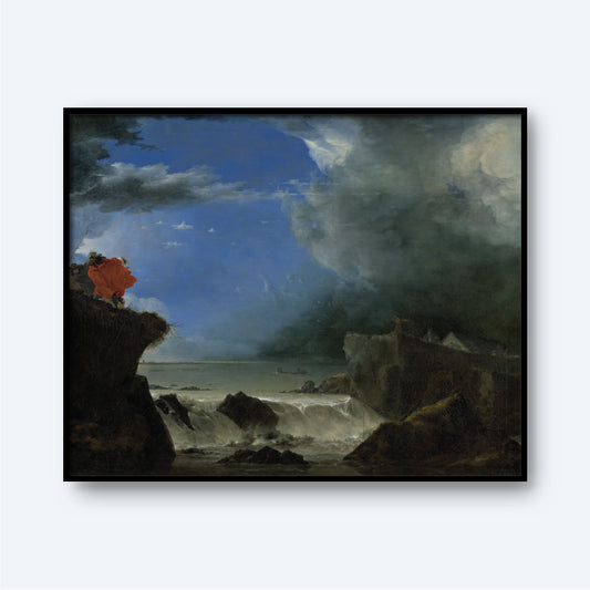 The Breach of the Saint Anthony’s Dike near Amsterdam print depicts a dramatic coastal landscape with turbulent waves crashing against rocky cliffs. A vibrant red flower is prominent on the left cliff, contrasting against the dark, stormy clouds and the bright blue sky breaking through, evoking elements of natural disaster art.