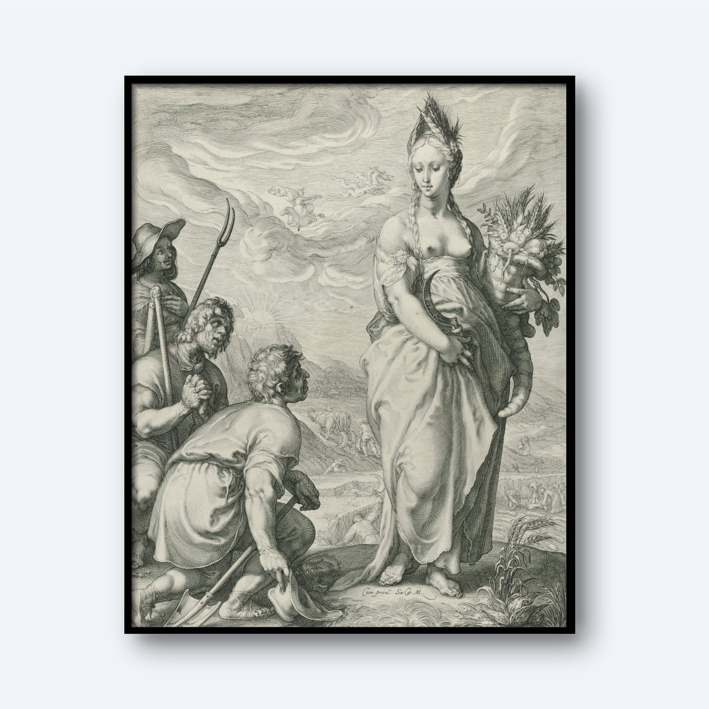 The monochromatic print "Cult of Ceres" by Jan Saenredam depicts a regal woman wearing a crown and draped garment, holding a scepter and a bouquet while three men kneel before her. One man holds a trident, another appears to be bowing, and the third looks upwards. The background shows a pastoral scene typical of classical mythology art.