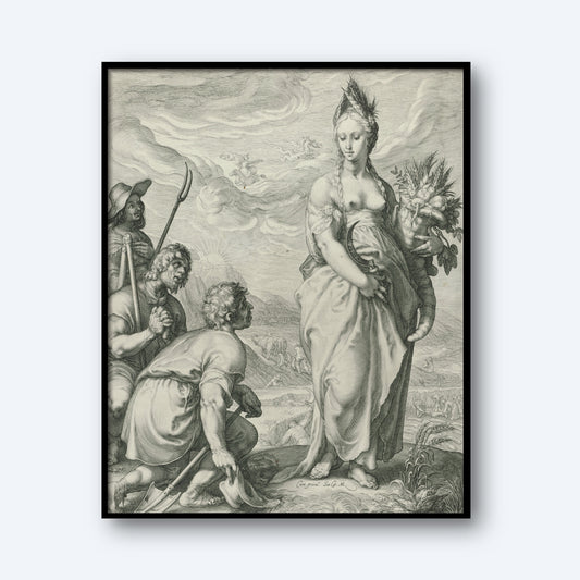 The monochromatic print "Cult of Ceres" by Jan Saenredam depicts a regal woman wearing a crown and draped garment, holding a scepter and a bouquet while three men kneel before her. One man holds a trident, another appears to be bowing, and the third looks upwards. The background shows a pastoral scene typical of classical mythology art.
