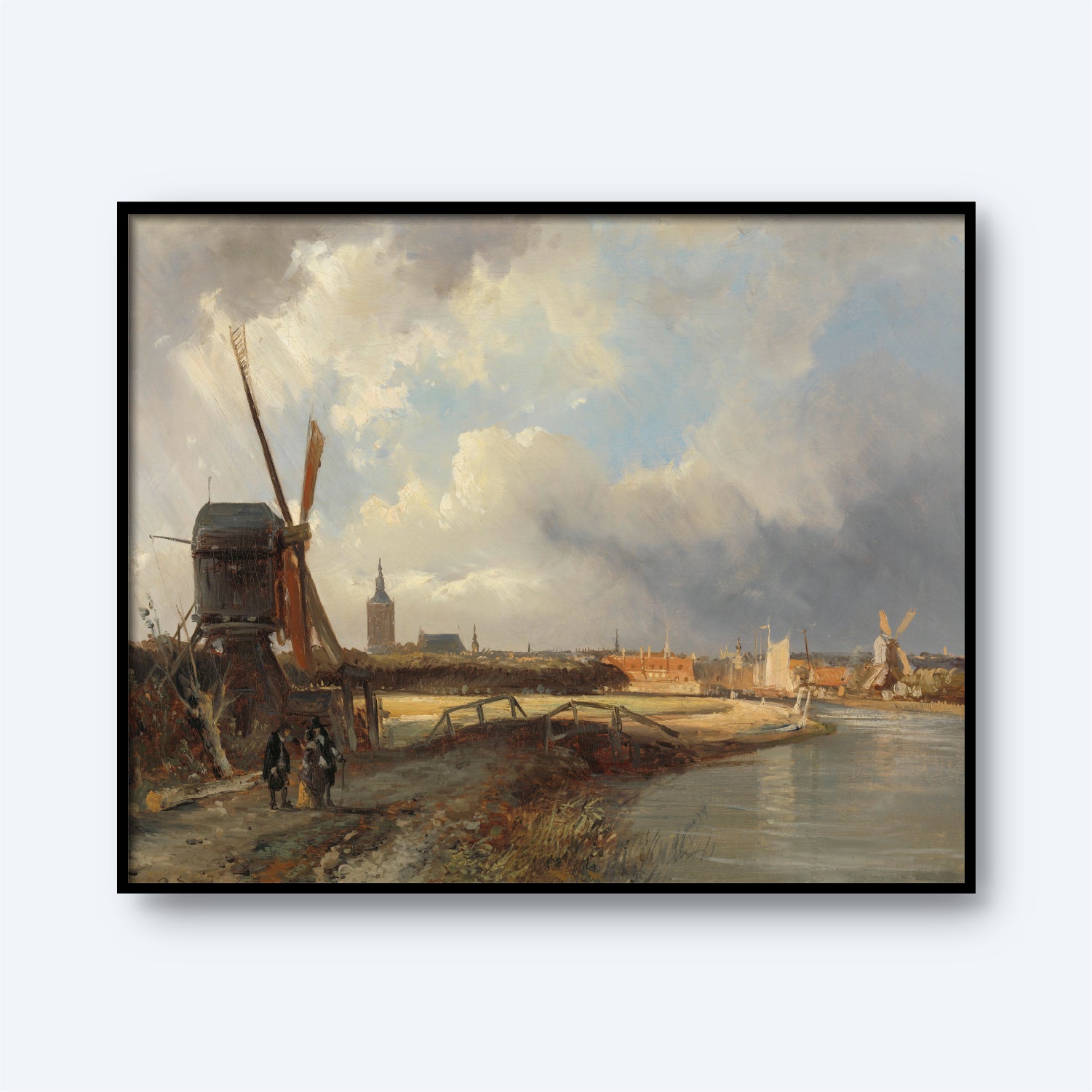 The View of The Hague by Cornelis Springer Print portrays a river with a few windmills and a town in the background under a partly cloudy sky. People are seen walking along a winding path by the riverbank, while boats sail in the distance, exuding a serene and rustic feel characteristic of Cornelis Springer's artistic touch.
