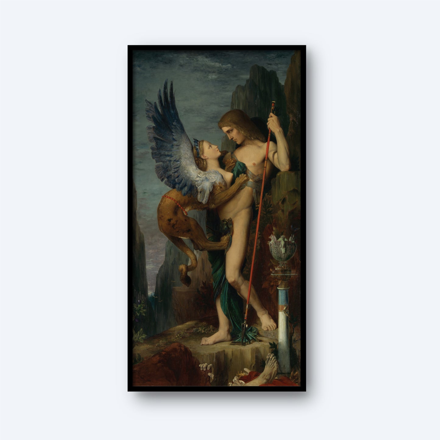 The painting "Oedipus and the Sphinx" by Gustave Moreau depicts a mythological scene featuring a muscular man holding a staff. He interacts with the sphinx, a creature with the body of a lion and wings of an eagle. The rocky, mountainous background enhances this mythological artwork, which is framed in a black border.