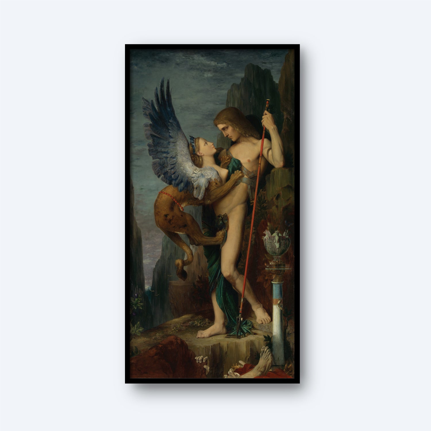 The painting "Oedipus and the Sphinx" by Gustave Moreau depicts a mythological scene featuring a muscular man holding a staff. He interacts with the sphinx, a creature with the body of a lion and wings of an eagle. The rocky, mountainous background enhances this mythological artwork, which is framed in a black border.