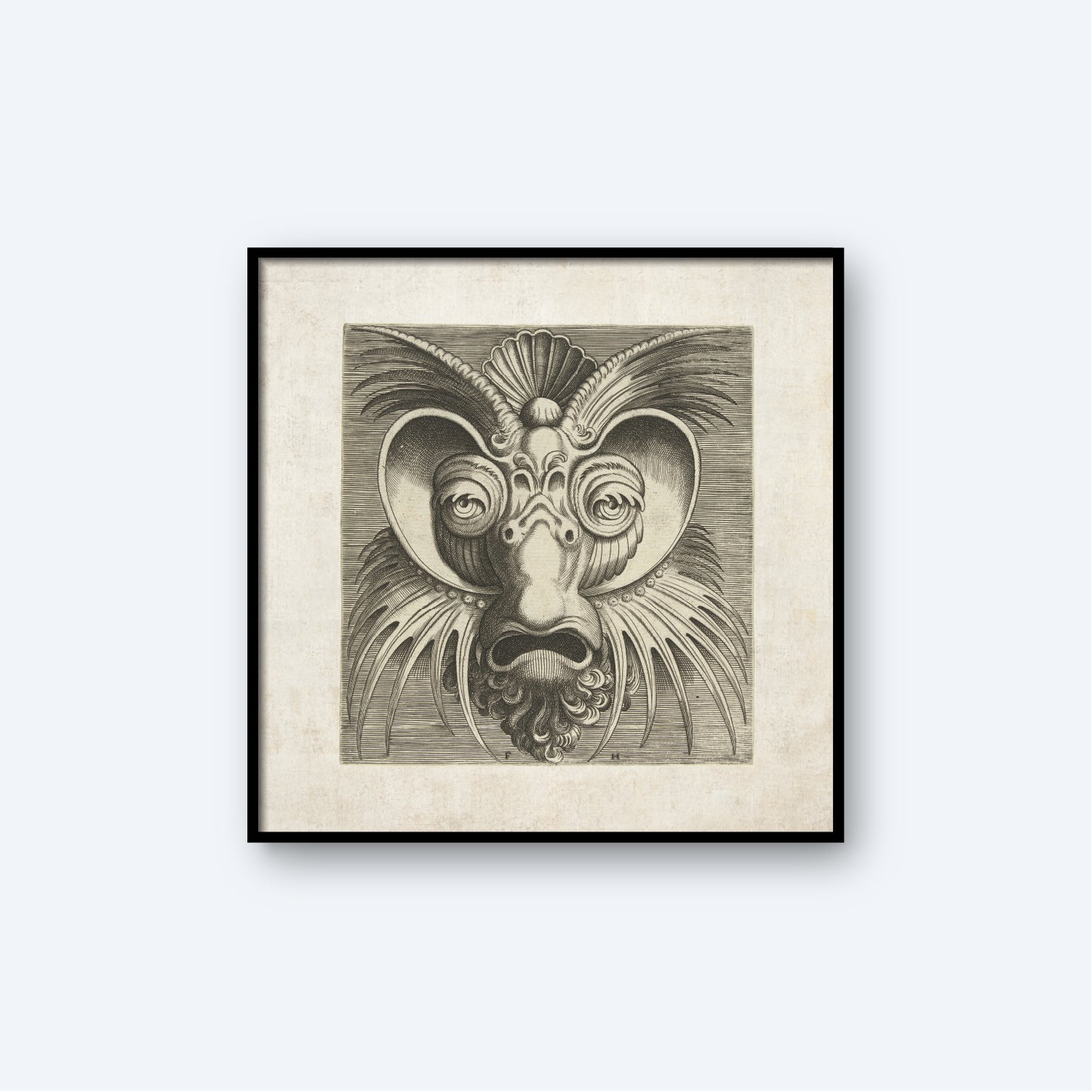 The Huys 1555 Decorative Ornamental Mask is a framed black and white piece featuring an abstract, symmetrical face with large spiral eyes, a shell-like forehead, and a goatee. The intricate curving lines and geometric shapes give the face a surreal, almost mask-like appearance.