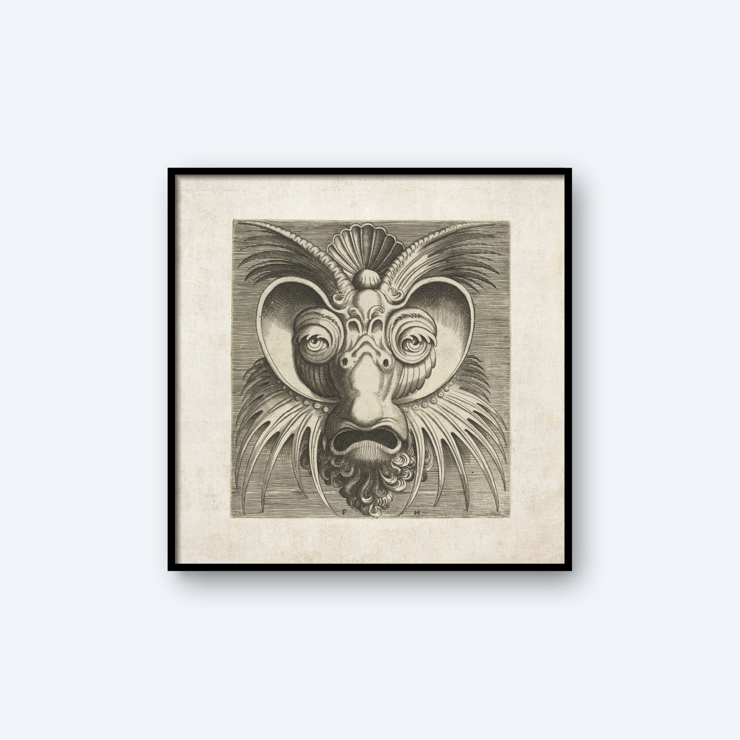 The Huys 1555 Decorative Ornamental Mask is a framed black and white piece featuring an abstract, symmetrical face with large spiral eyes, a shell-like forehead, and a goatee. The intricate curving lines and geometric shapes give the face a surreal, almost mask-like appearance.