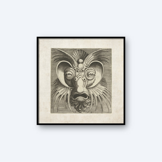 The Huys 1555 Decorative Ornamental Mask is a framed black and white piece featuring an abstract, symmetrical face with large spiral eyes, a shell-like forehead, and a goatee. The intricate curving lines and geometric shapes give the face a surreal, almost mask-like appearance.
