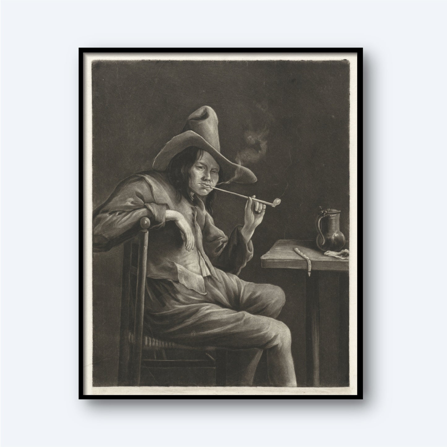 The Smell - Pipe Smoking Man by Jacob Gole" is a framed black-and-white image depicting a man seated at a table in 17th-century Europe. He wears a wide-brimmed hat and old-fashioned clothes, holding a pipe and looking towards the viewer, with a jug or tankard on the table next to him. This work evokes the distinctive style of Jacob Gole.