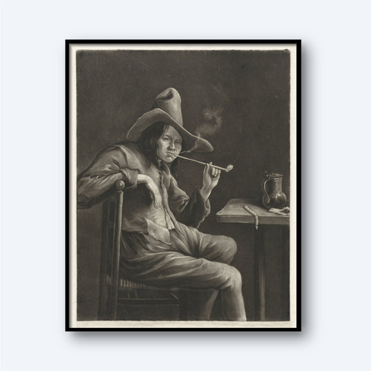 The Smell - Pipe Smoking Man by Jacob Gole" is a framed black-and-white image depicting a man seated at a table in 17th-century Europe. He wears a wide-brimmed hat and old-fashioned clothes, holding a pipe and looking towards the viewer, with a jug or tankard on the table next to him. This work evokes the distinctive style of Jacob Gole.