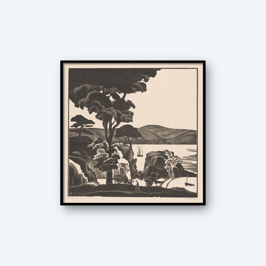 The Bernard Essers Breton Bay Trees Rocks Print is a framed, monochromatic landscape artwork that beautifully showcases the rugged beauty of Breton Bay with serene scenes featuring tall, leafy trees in the foreground, rock formations, rolling hills, and a body of water in the background. The style is reminiscent of a woodcut print.