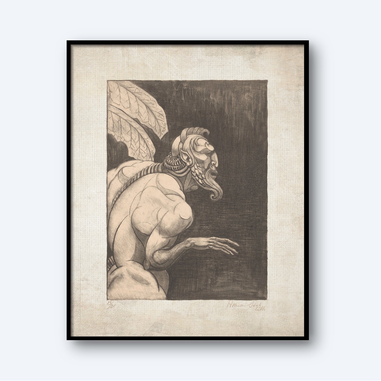 The framed monochrome drawing titled "Centaur" by Henri van der Stok depicts a muscular, centaur-like mythical creature with human features. The creature has large wings and a prominent beard, and is shown looking sideways with an extended arm. The dark background contrasts sharply with the light texture of the creature and its surroundings.