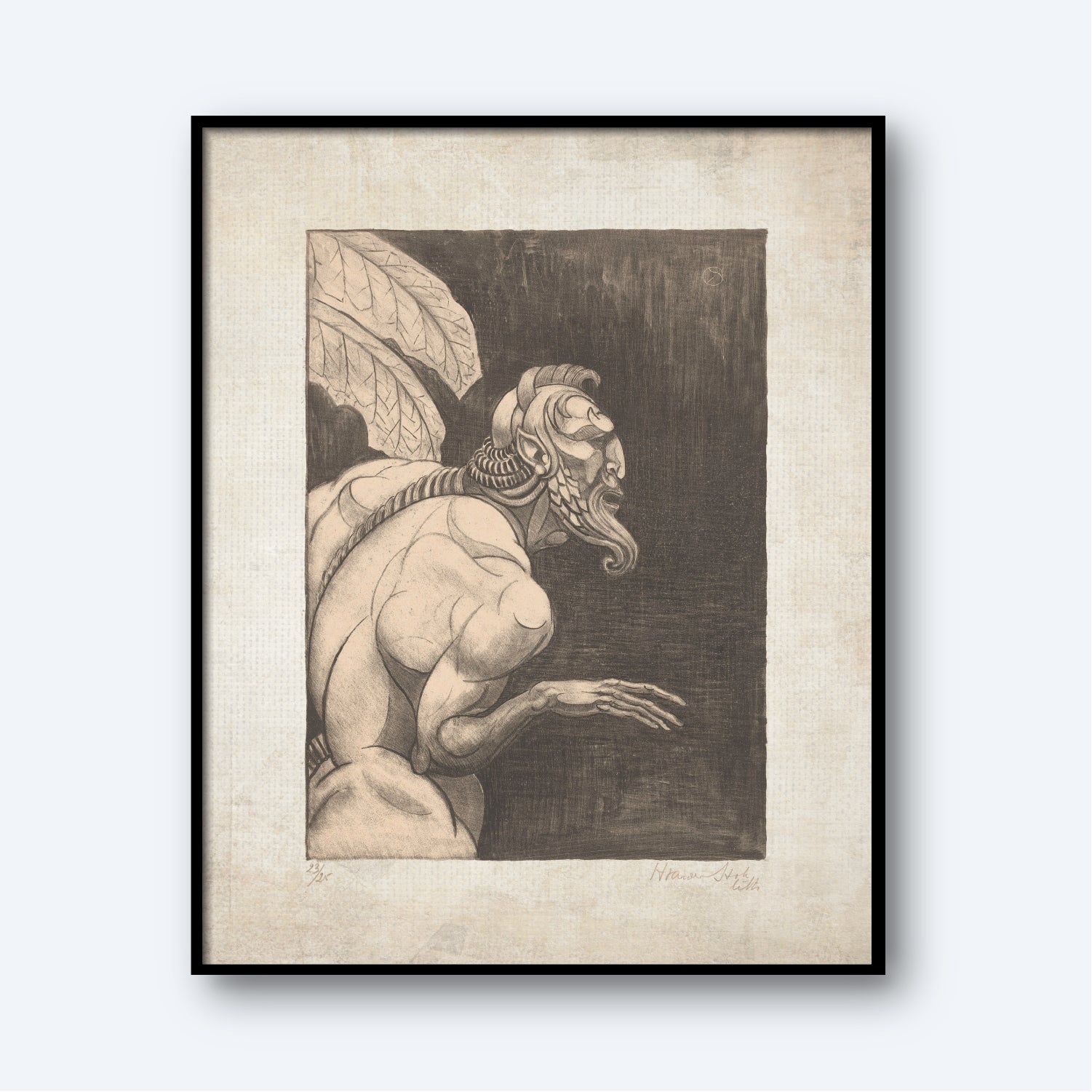 The framed monochrome drawing titled "Centaur" by Henri van der Stok depicts a muscular, centaur-like mythical creature with human features. The creature has large wings and a prominent beard, and is shown looking sideways with an extended arm. The dark background contrasts sharply with the light texture of the creature and its surroundings.