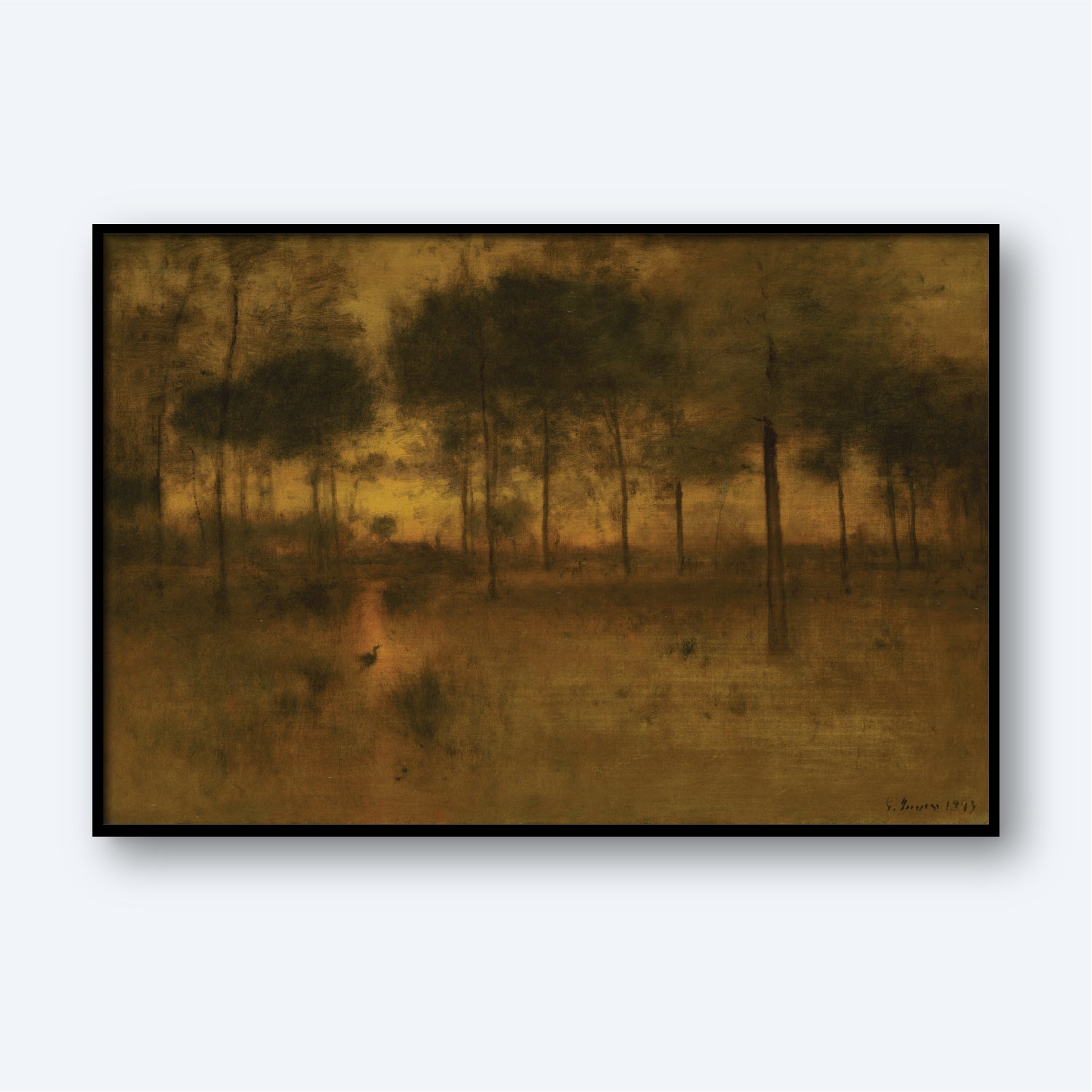 The Home of the Heron by George Inness Print captures a serene, dusky atmosphere with a misty forest scene at dusk. A path winding into the distance is bordered by tall trees with sparse leaves. A lone figure, possibly a bird or small animal, can be spotted on the path. This wall art piece uses muted, earthy tones to create a calming effect.