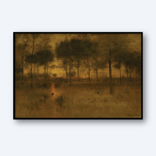 The Home of the Heron by George Inness Print captures a serene, dusky atmosphere with a misty forest scene at dusk. A path winding into the distance is bordered by tall trees with sparse leaves. A lone figure, possibly a bird or small animal, can be spotted on the path. This wall art piece uses muted, earthy tones to create a calming effect.