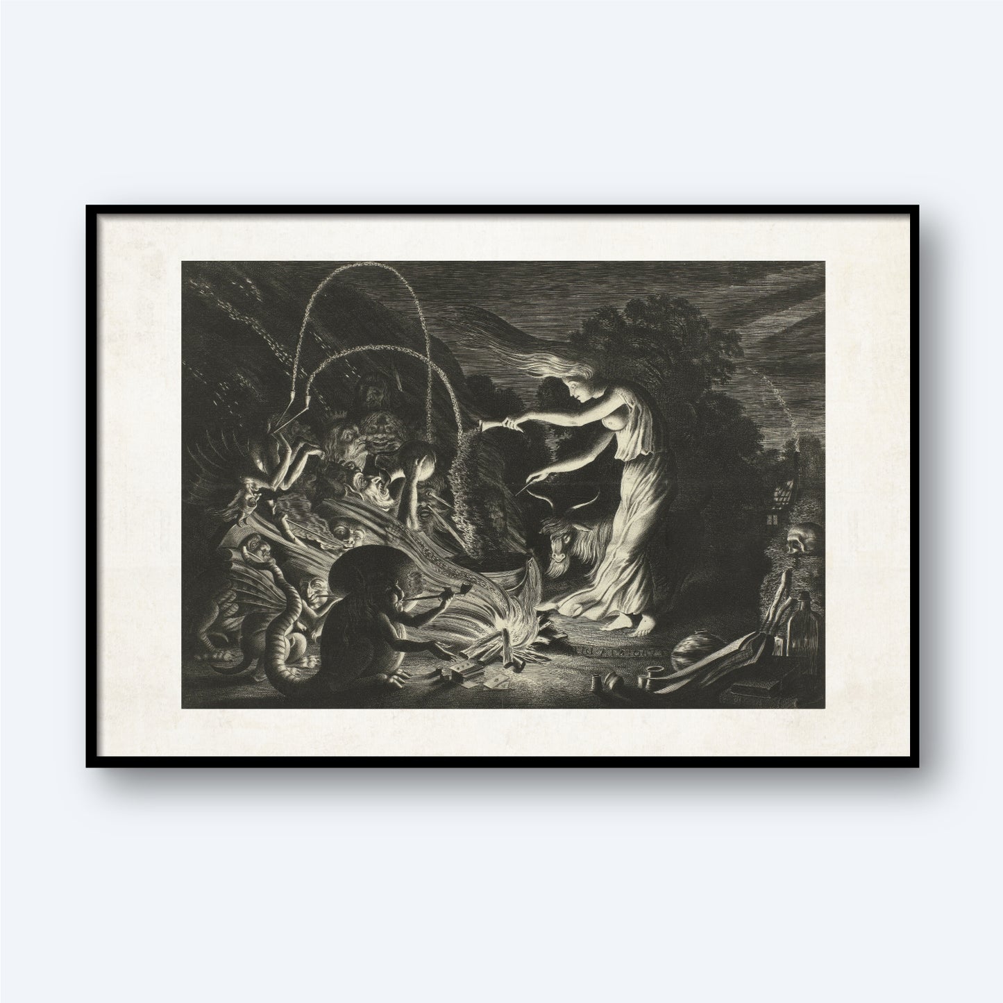 The Sorceress by Jan van de Velde is a black and white illustration depicting an intense scene with ethereal figures. The central figure, possibly a woman, gestures dramatically while surrounded by other mystical characters, and the dark, swirling backdrop enhances the dramatic atmosphere.