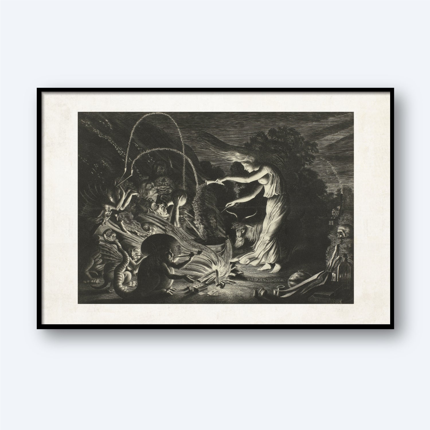 The Sorceress by Jan van de Velde is a black and white illustration depicting an intense scene with ethereal figures. The central figure, possibly a woman, gestures dramatically while surrounded by other mystical characters, and the dark, swirling backdrop enhances the dramatic atmosphere.