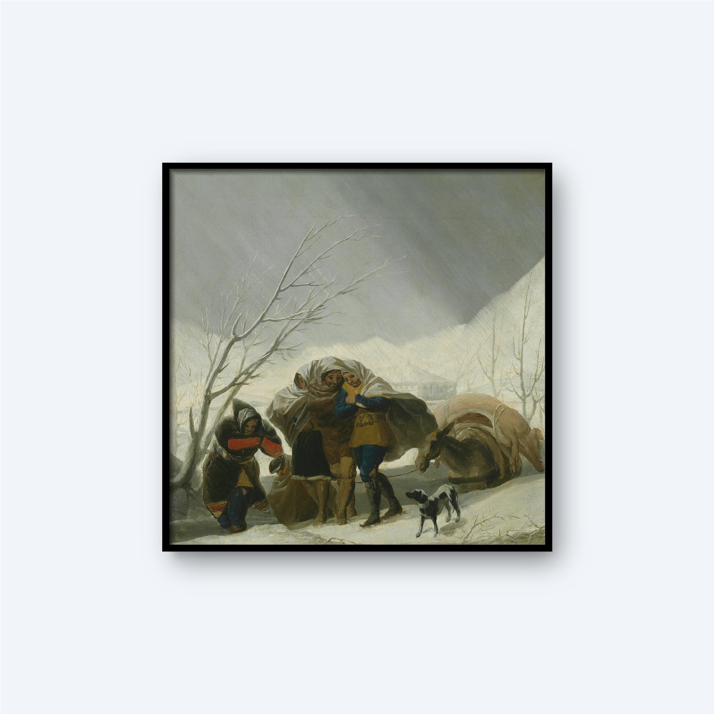 The "Winter Scene by Francisco José de Goya y Lucientes" print showcases a framed depiction of three people and a dog in a snowy winter landscape. The figures are dressed in heavy clothing, with one individual carrying a large bundle. Bare trees populate the background, while snow-covered mountains are visible in the distance, evoking the classic style of Goya's artwork.