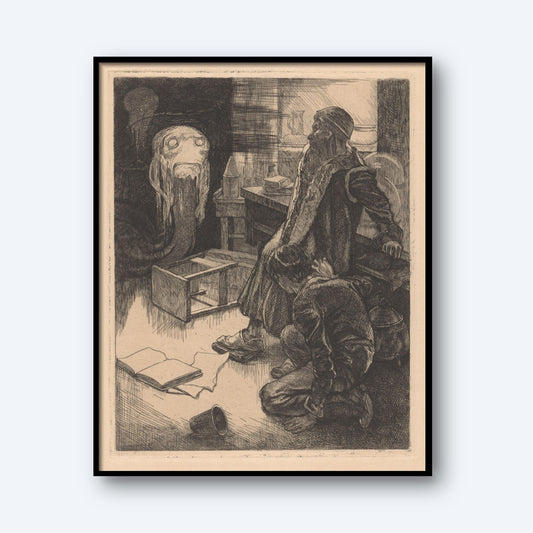 The monochrome drawing "Two Men and a Ghost in a Workshop" by Johannes Josephus Aarts portrays a robed figure with a long beard standing in a dimly lit room, gazing at a kneeling figure. An eerie, ghost-like entity with an elongated neck and sad eyes floats in the background, creating a somber and mysterious atmosphere.
