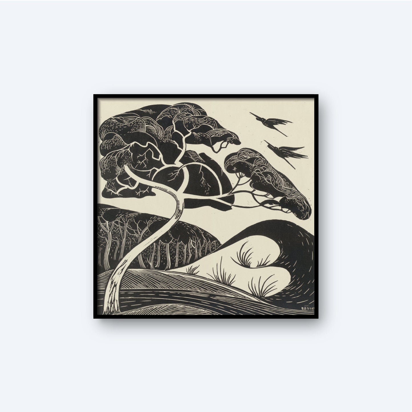 The "Dune Landscape by Bernard Essers Graphic Print" is a minimalist black and white art piece depicting a tree with curved branches and leaves. Two birds soar in the sky above, while wavy lines suggest hills or water in the background, evoking a coastal landscape. The artwork exudes a sense of calm and simplicity.