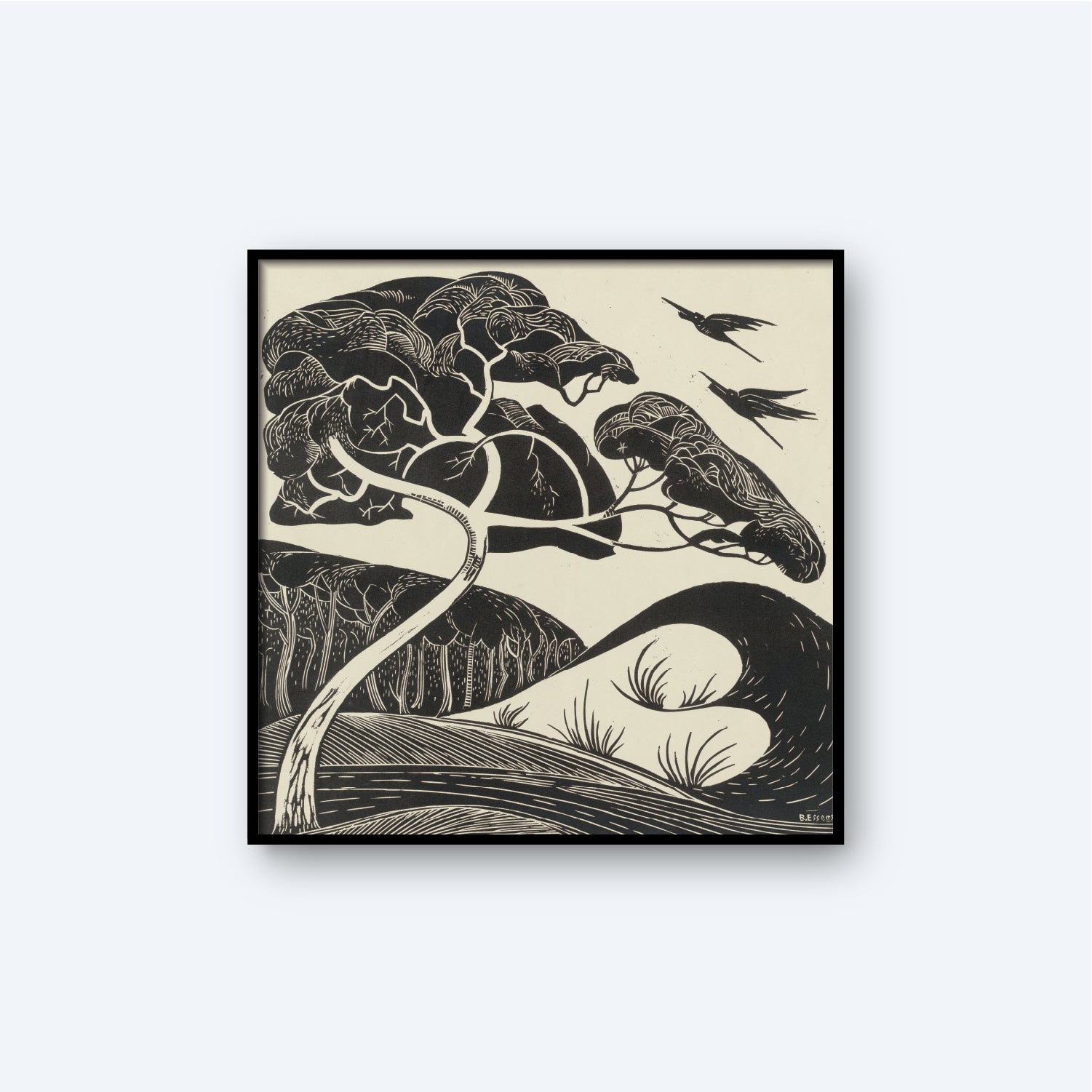The "Dune Landscape by Bernard Essers Graphic Print" is a minimalist black and white art piece depicting a tree with curved branches and leaves. Two birds soar in the sky above, while wavy lines suggest hills or water in the background, evoking a coastal landscape. The artwork exudes a sense of calm and simplicity.