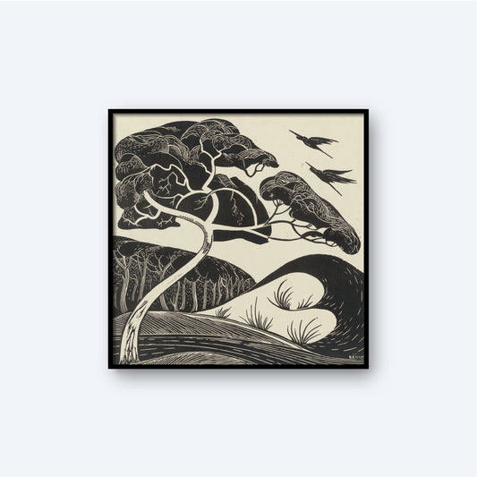The "Dune Landscape by Bernard Essers Graphic Print" is a minimalist black and white art piece depicting a tree with curved branches and leaves. Two birds soar in the sky above, while wavy lines suggest hills or water in the background, evoking a coastal landscape. The artwork exudes a sense of calm and simplicity.