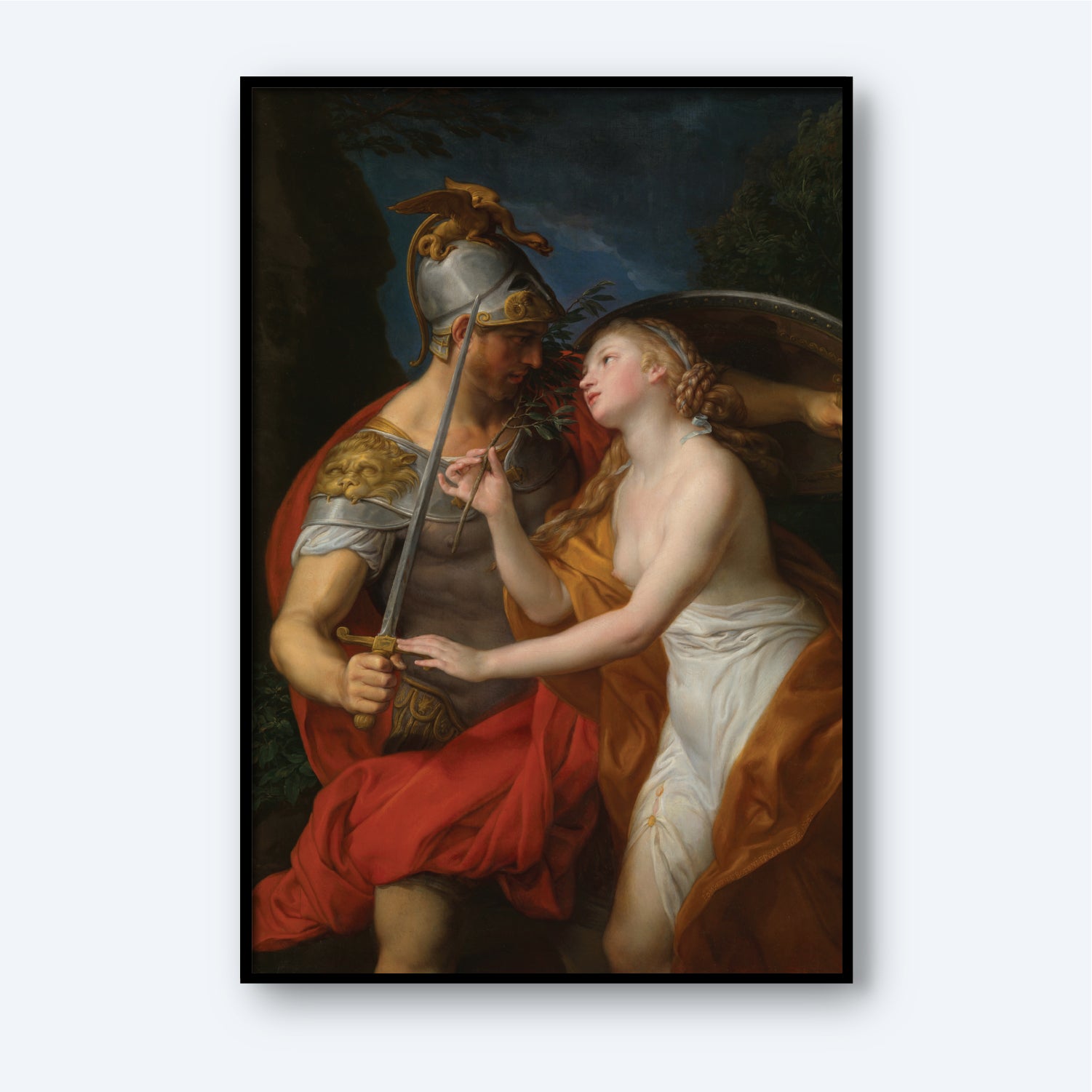The print, *Allegory of Peace and War by Pompeo Girolamo Batoni,* portrays a classic scene with a Roman soldier in armor holding a sword and draped in a red cape. He gently touches the hand of a woman dressed in a white and orange gown, who gazes up at him lovingly, all set against a dark, lush background of foliage.