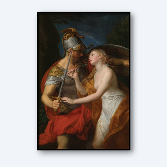 The print, *Allegory of Peace and War by Pompeo Girolamo Batoni,* portrays a classic scene with a Roman soldier in armor holding a sword and draped in a red cape. He gently touches the hand of a woman dressed in a white and orange gown, who gazes up at him lovingly, all set against a dark, lush background of foliage.