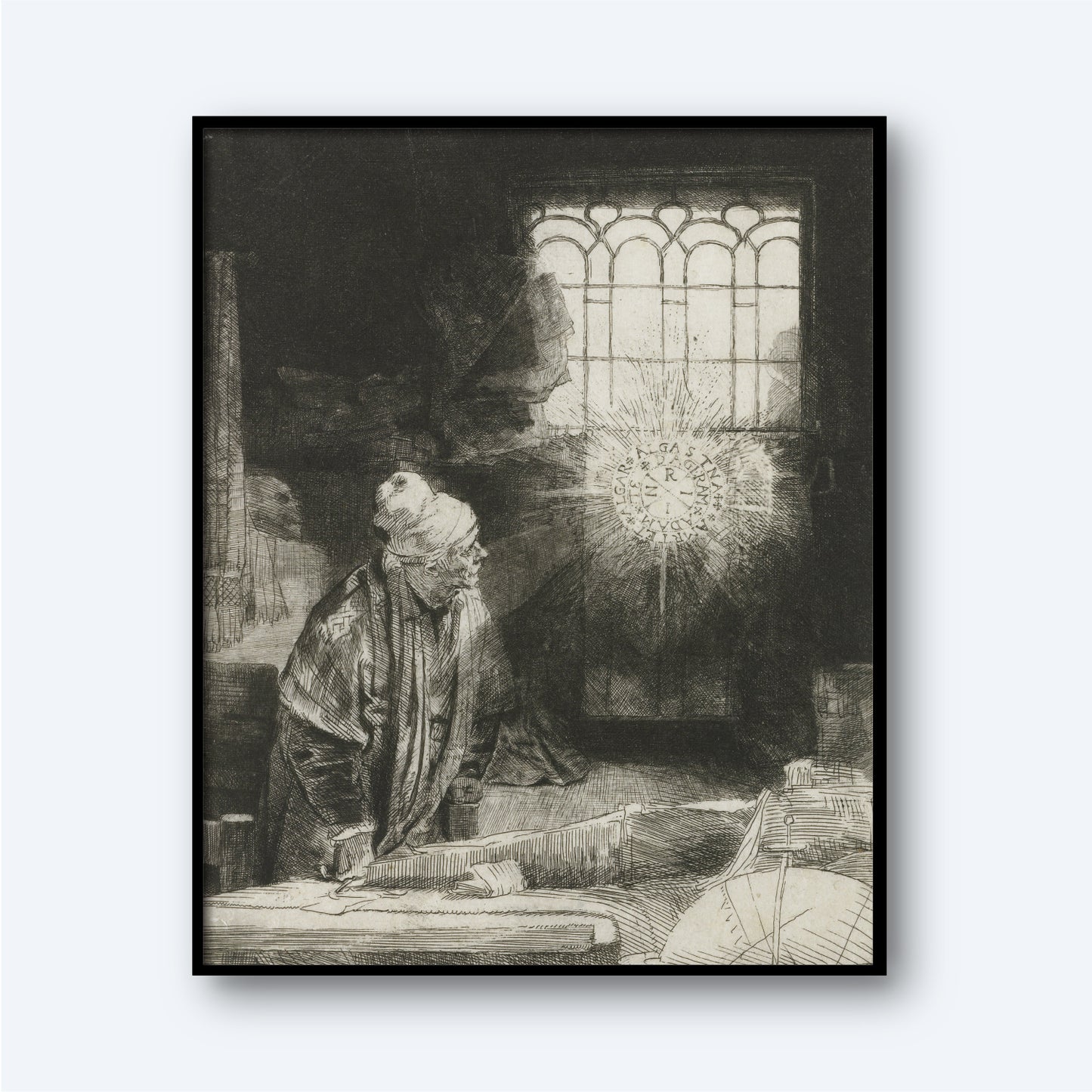 The black and white drawing titled "Faust by Rembrandt" depicts a person standing indoors, leaning forward over a table with hands resting on it. Behind them, there is a window with beams of light streaming through, illuminating the room. The scene gives off a solemn and contemplative mood.