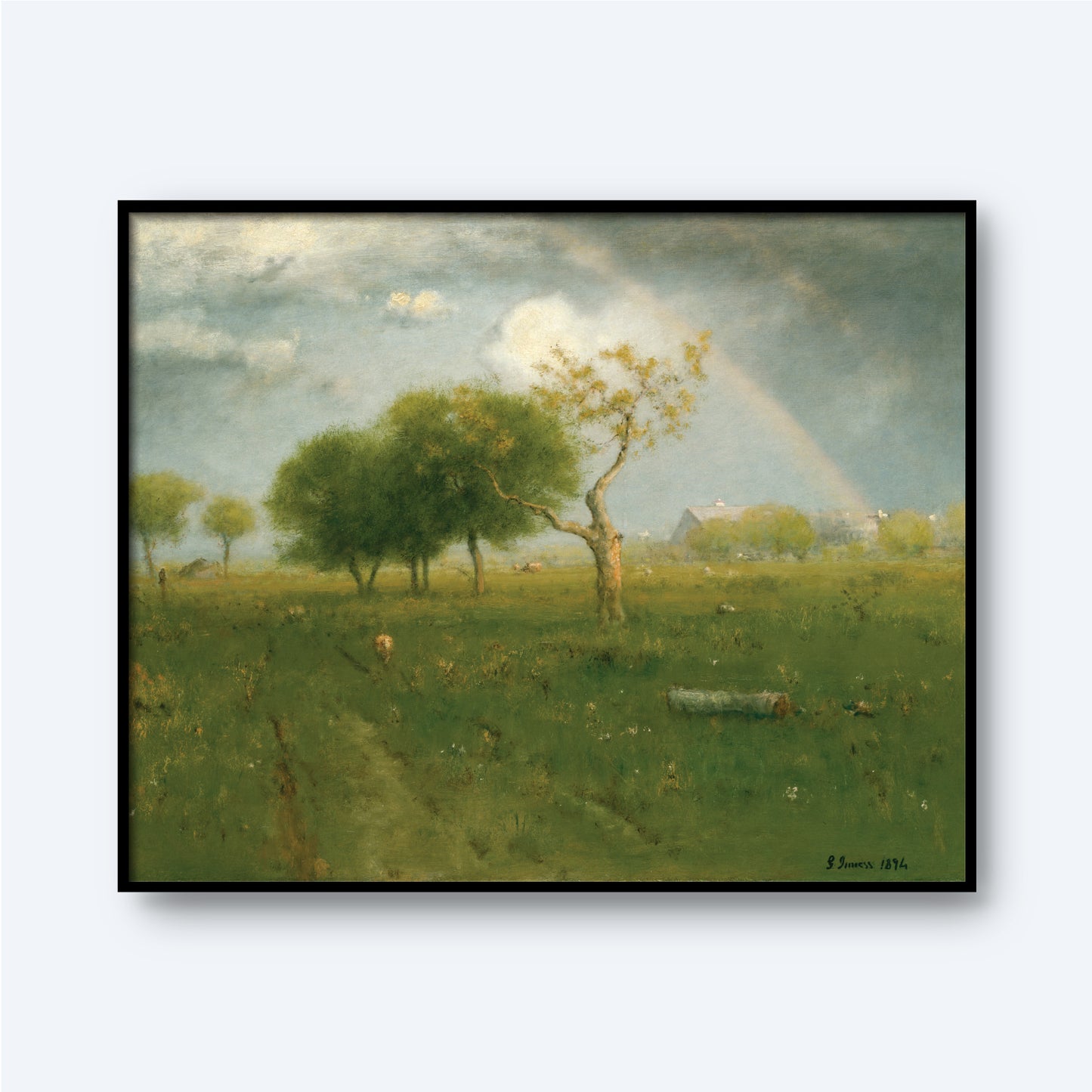 After a Summer Shower by George Inness Print portrays a pastoral landscape with a rainbow arching across the sky. Trees are scattered across the green field, with a small figure in the distance and several buildings near the horizon. The scene exudes peaceful stillness, enhanced by high-quality Lustre surface paper. The artwork is signed by George Inness and dated 1874.