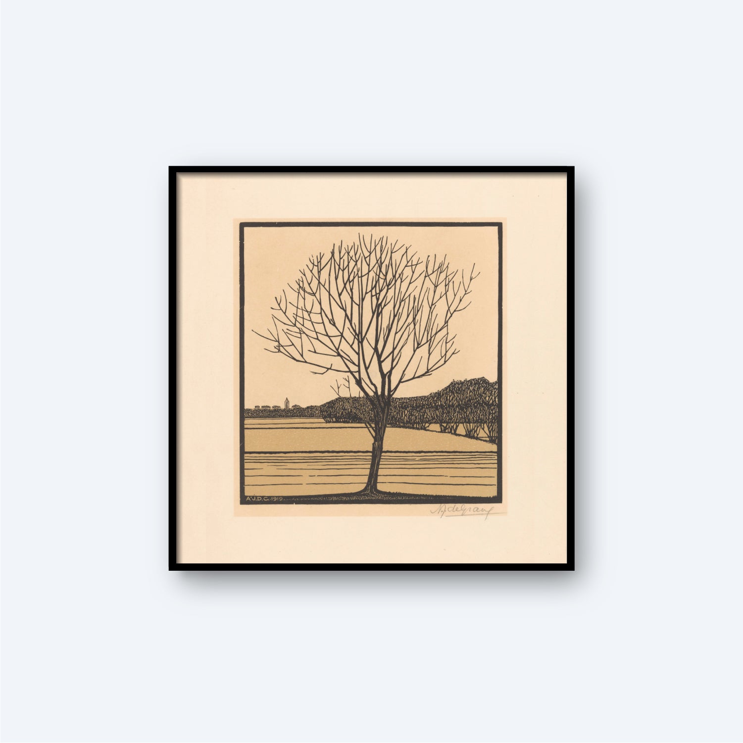 The artwork "Kale Boom Lone Tree Field by Julie De Graag" is a minimalist print featuring a leafless tree in the foreground, set against a serene landscape that extends into the distance. The tree is detailed with fine lines against a subtly colored background, and the image is beautifully framed in a simple black frame.
