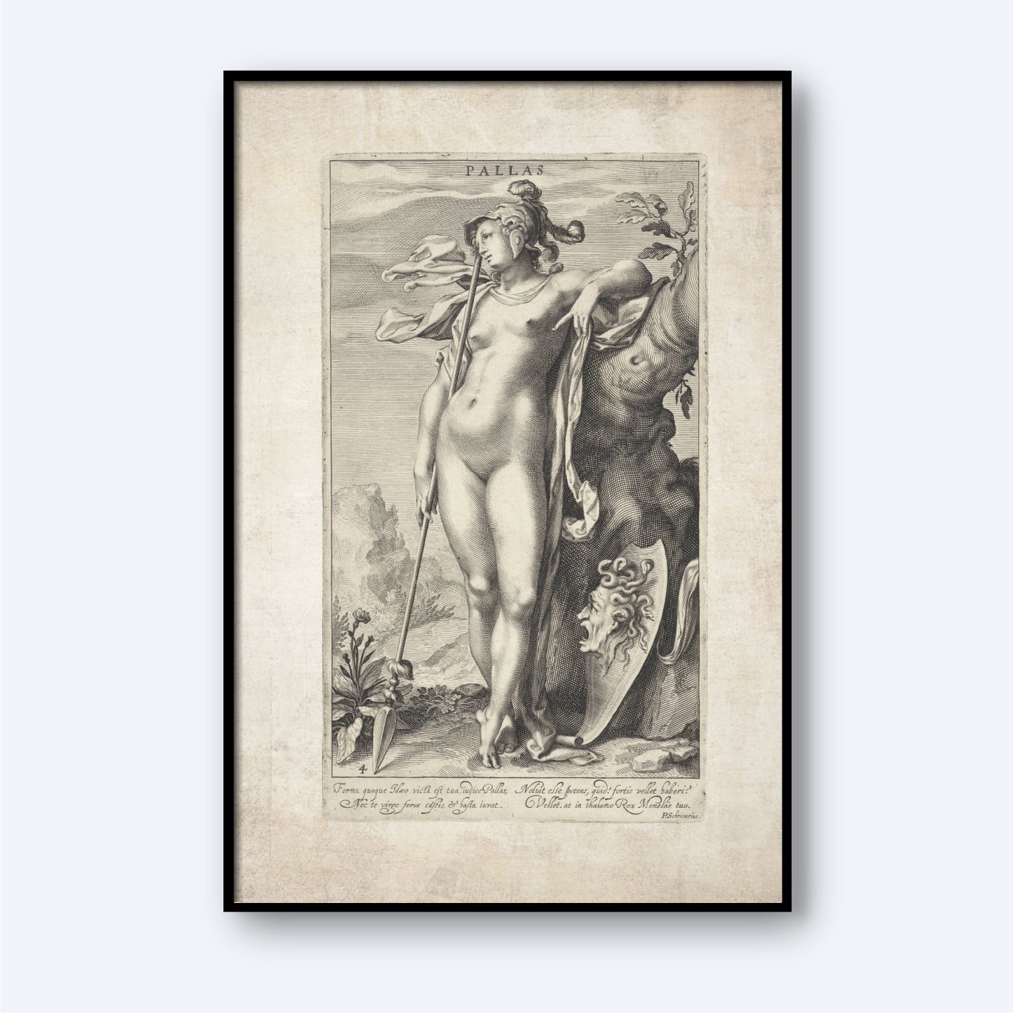 A framed monochrome illustration titled "Minerva by a Tree" by Oordeel van Paris depicts a classical statue of the Roman goddess Minerva, labeled "Pallas," standing with a spear, helmet, and shield bearing an animal emblem. The background features classical elements and foliage, with text inscribed below the image.