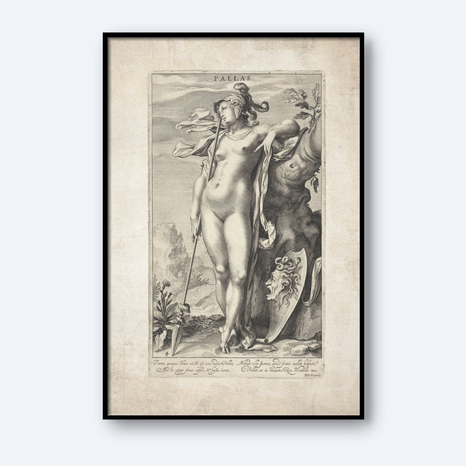 A framed monochrome illustration titled "Minerva by a Tree" by Oordeel van Paris depicts a classical statue of the Roman goddess Minerva, labeled "Pallas," standing with a spear, helmet, and shield bearing an animal emblem. The background features classical elements and foliage, with text inscribed below the image.