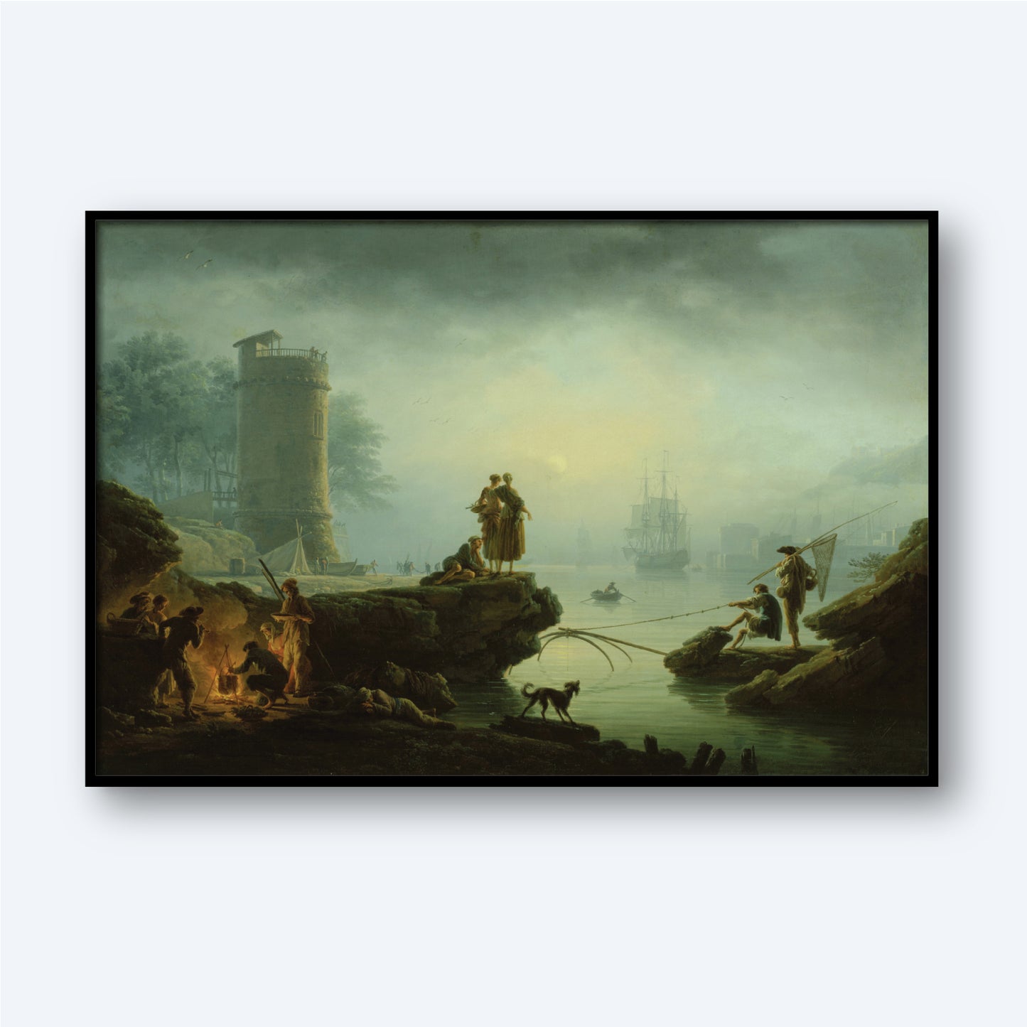 A serene painting titled "Morning" by Claude Joseph Vernet depicts a coastal scene at dawn, featuring several people engaged in fishing and other activities. A tall stone tower stands on a rocky outcrop to the left, and ships are visible in the misty distance on the right, creating a luminous seascape reminiscent of Vernet's masterful touch.