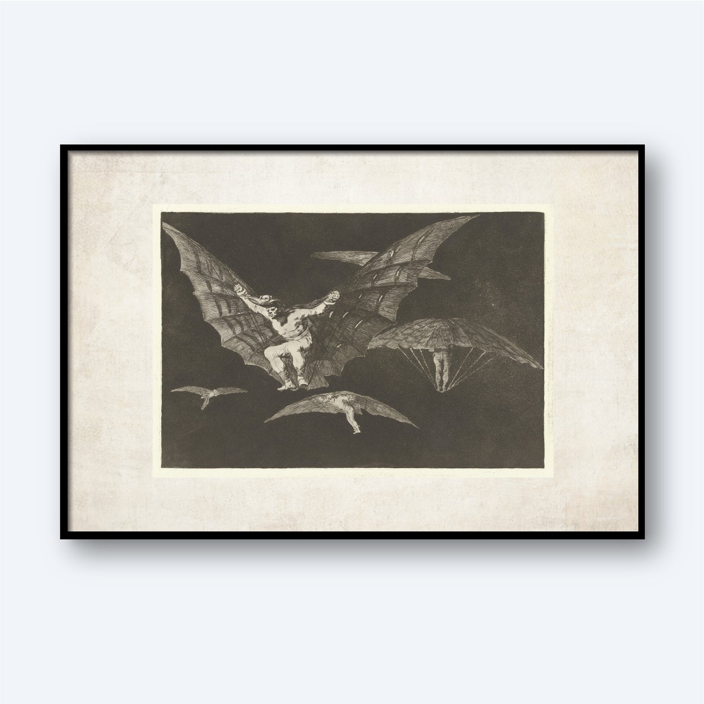 A framed etching titled "A Way of Flying" by Francisco Goya. It depicts a man asleep at his desk with monstrous bats and owls flying behind him, symbolizing the chaos that emerges when reason is abandoned. The background is dark and ominous.