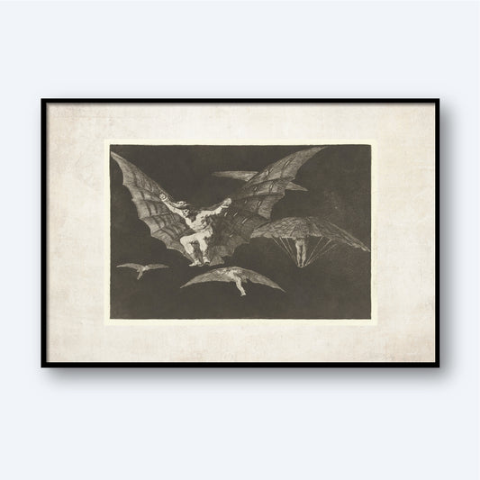 A framed etching titled "A Way of Flying" by Francisco Goya. It depicts a man asleep at his desk with monstrous bats and owls flying behind him, symbolizing the chaos that emerges when reason is abandoned. The background is dark and ominous.