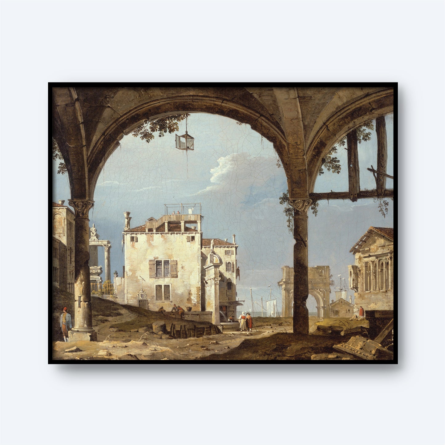 The "Portico with a Lantern" painting depicts a partially ruined, ancient architectural structure featuring a grand portico and an open archway. Beyond the arch, buildings with classical columns and scattered stones can be seen. The scene also includes a few individuals dressed in historical attire.