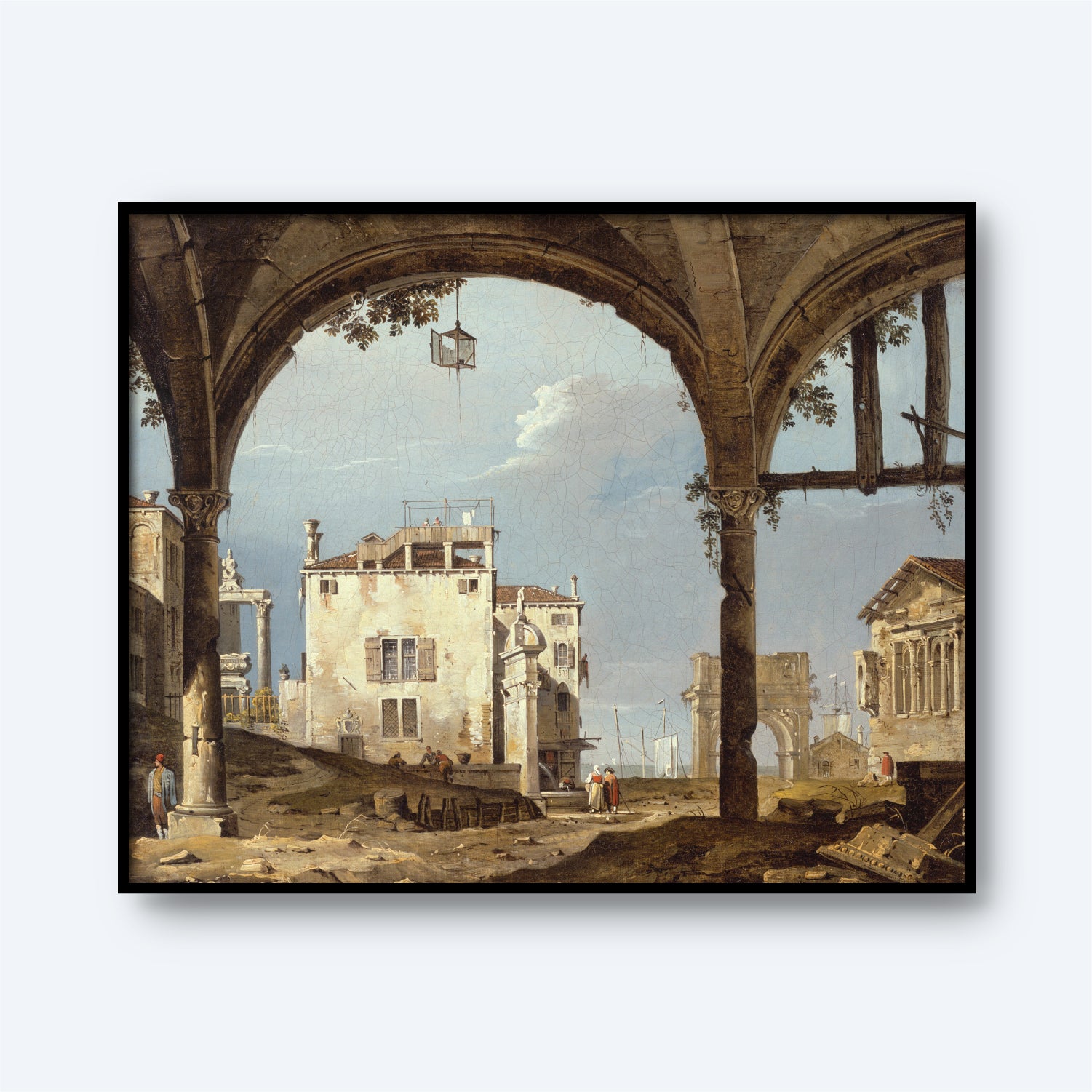 The "Portico with a Lantern" painting depicts a partially ruined, ancient architectural structure featuring a grand portico and an open archway. Beyond the arch, buildings with classical columns and scattered stones can be seen. The scene also includes a few individuals dressed in historical attire.