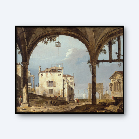 The "Portico with a Lantern" painting depicts a partially ruined, ancient architectural structure featuring a grand portico and an open archway. Beyond the arch, buildings with classical columns and scattered stones can be seen. The scene also includes a few individuals dressed in historical attire.