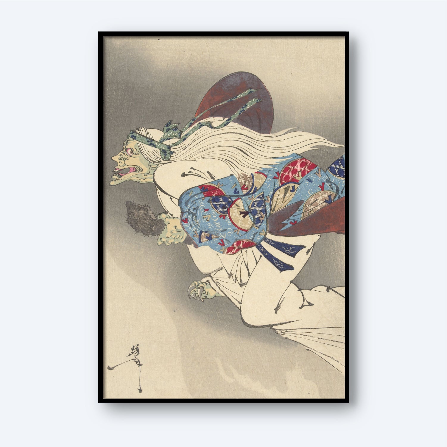 An illustration named "The Old Woman Retrieves Her Arm" by Yoshitoshi Tsukioka depicts a mythological creature with a menacing face, adorned in colorful and elaborate garments. The demon Ibaraki is portrayed with green skin, sharp teeth, and long white hair flowing behind, set against a muted background within a black frame. This fierce figure evokes the legend at Rasho Gate where Watanabe no Tsuna confronted the fearsome demon.