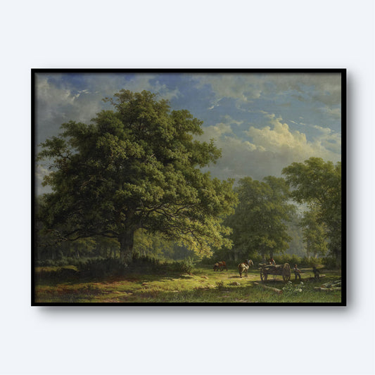 The "View in Bentheim Forest" print by George Andries Roth captures the essence of a tranquil pastoral scene. Featuring a large tree that dominates the foreground, and a group of people with horses and a cart set against a cloudy sky, the artwork showcases sunlight filtering through branches and casting shadows on the grassy landscape.