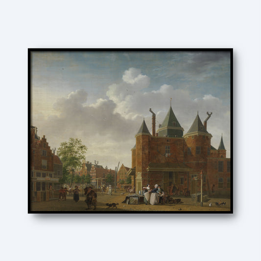 The Sint-Antoniuswaag in Amsterdam by Isaac Ouwater Print captures a lively city scene in historical Amsterdam, showcasing several people and dogs converging in the bustling town square. The iconic Sint-Antoniuswaag, with its turrets and spires, stands prominently in the background. The sky is filled with clouds, enhancing the vibrant atmosphere of the day.