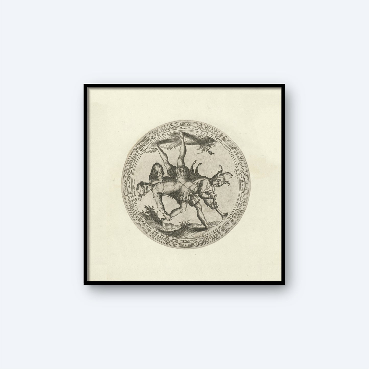 The framed black and white illustration, "Allegory of the folly and drunkenness Two figures in a circle" by D. Ste Taborotius, features a mythical creature with a centaur-like body, a human upper torso, and a deer head with antlers. The creature holds a stick in one hand and stands within a circle adorned with decorative patterns.