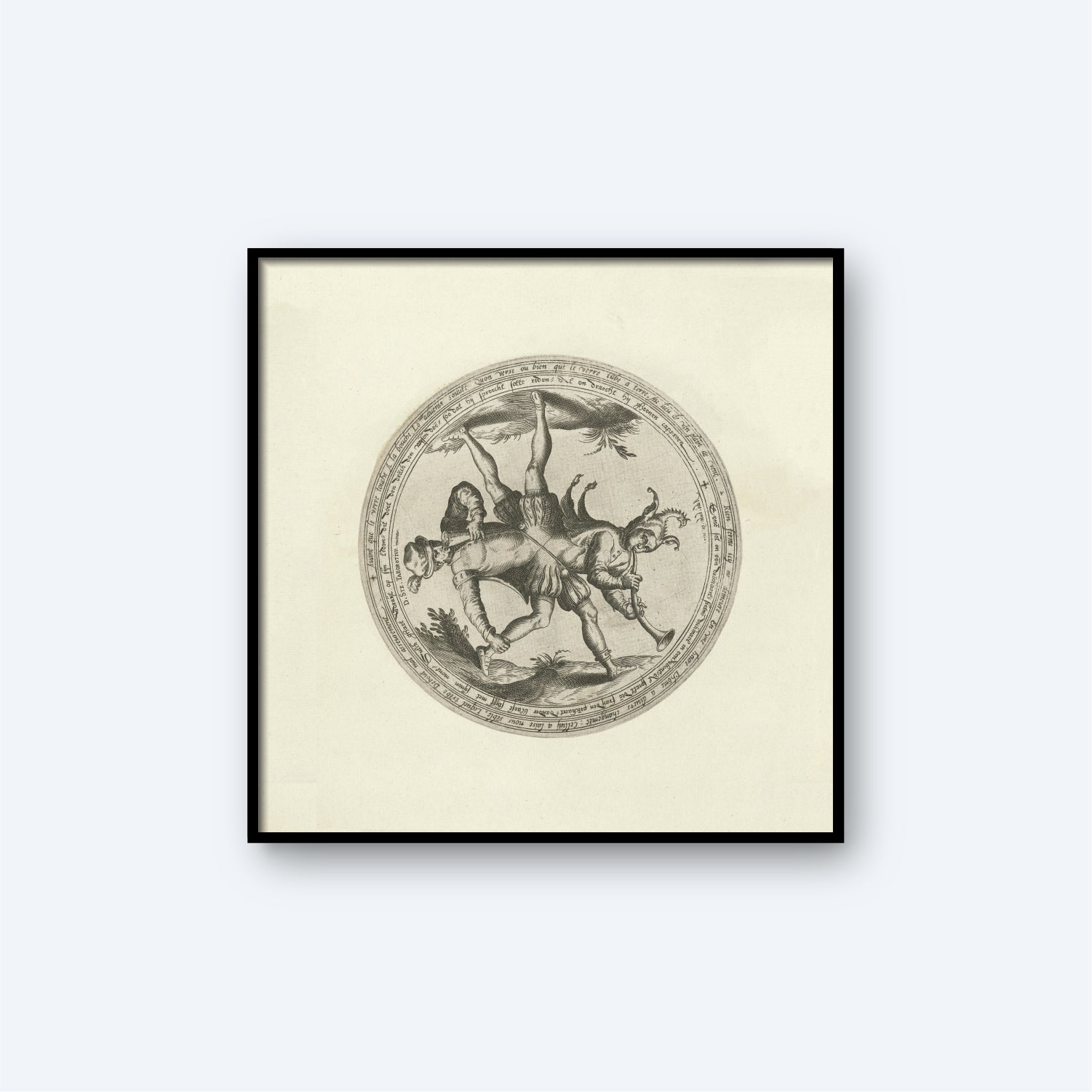 The framed black and white illustration, "Allegory of the folly and drunkenness Two figures in a circle" by D. Ste Taborotius, features a mythical creature with a centaur-like body, a human upper torso, and a deer head with antlers. The creature holds a stick in one hand and stands within a circle adorned with decorative patterns.