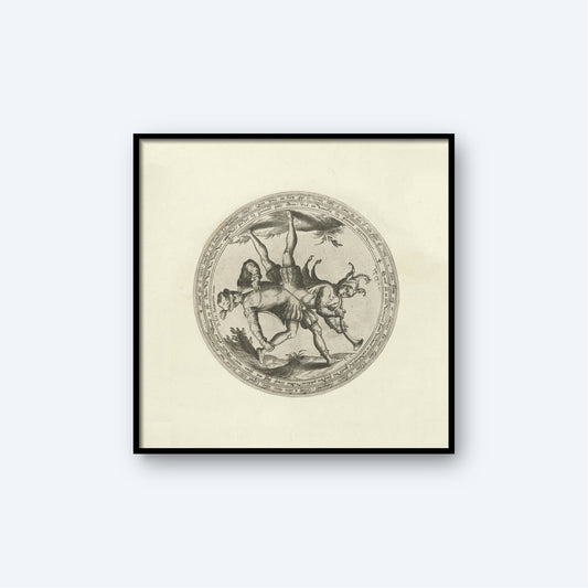 The framed black and white illustration, "Allegory of the folly and drunkenness Two figures in a circle" by D. Ste Taborotius, features a mythical creature with a centaur-like body, a human upper torso, and a deer head with antlers. The creature holds a stick in one hand and stands within a circle adorned with decorative patterns.