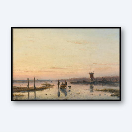 The "Windmill beside a frozen river by Andreas Schelfhout Print" captures a serene Dutch winter landscape with individuals ice skating on a frozen lake at sunset. A windmill and several buildings are visible in the background, while the sky is adorned with warm, soft hues, creating a tranquil ambiance characteristic of an Andreas Schelfhout masterpiece.