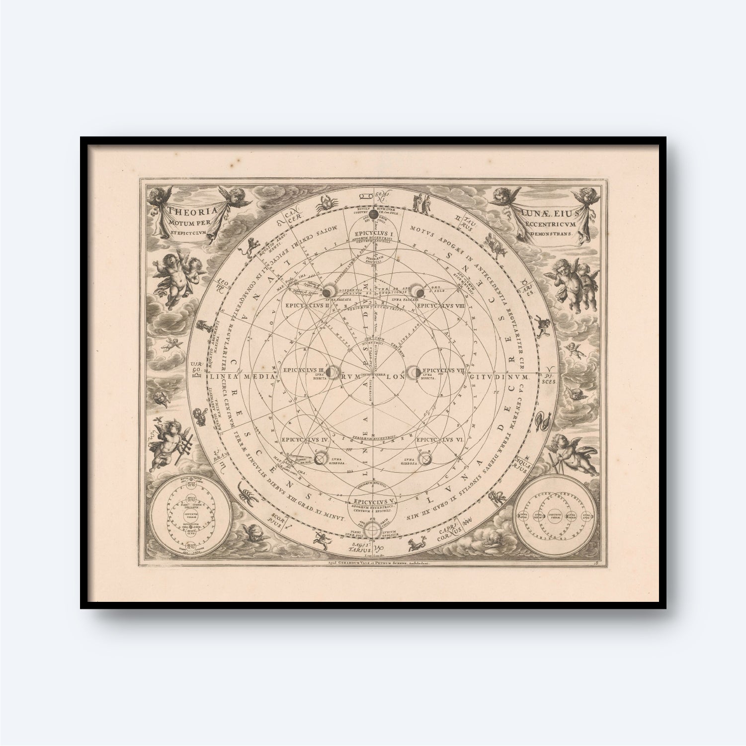 The Astrology Wall Art titled "Map showing Claudius Ptolemy's model of the Lunar Cycles by Andreas Cellarius" is an intricately detailed framed antique celestial map, featuring astronomical diagrams and constellations. It includes labels, various circular lines, and depictions of mythological figures and celestial objects in the corners.